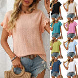 Solid Color Crew Neck Sweet Short-sleeved T-shirt Hollow Top
