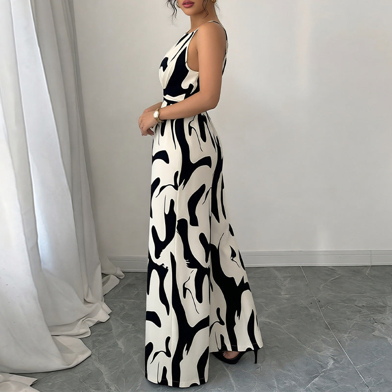Women Crew Neck Printed Sleeveless Jumpsuit