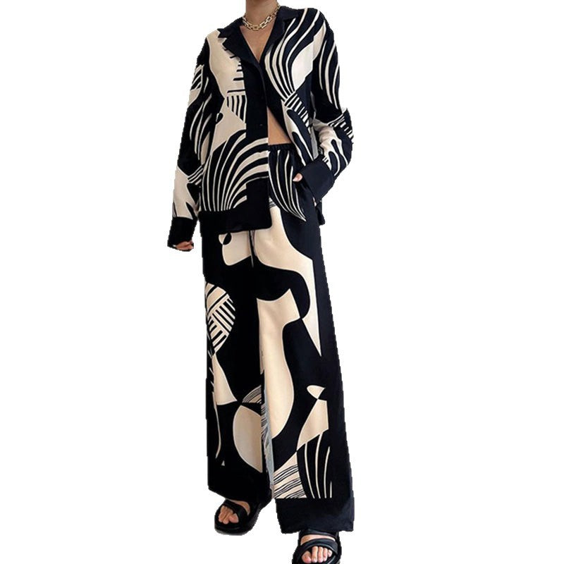 Women's Printed Button Blouse Pants Set