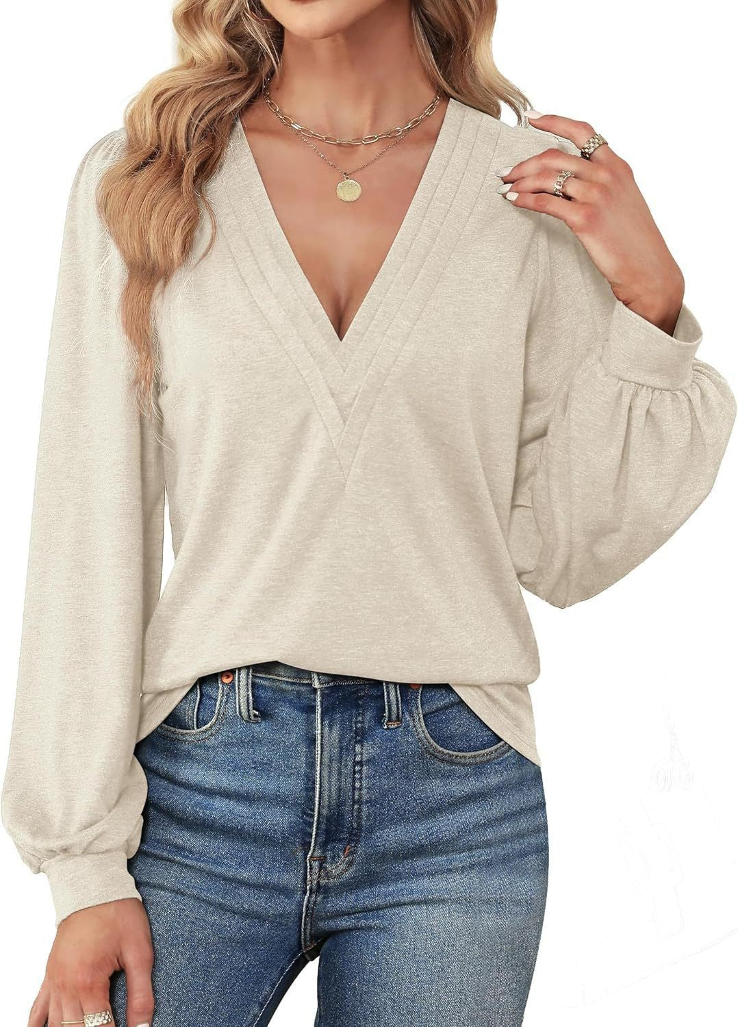 Women's Shirt V-Neck Loose Casual Long Sleeve Top