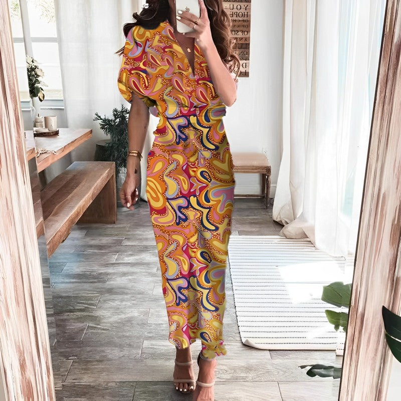 Elegant Short Sleeve Printed High Waist Dress Long Dress