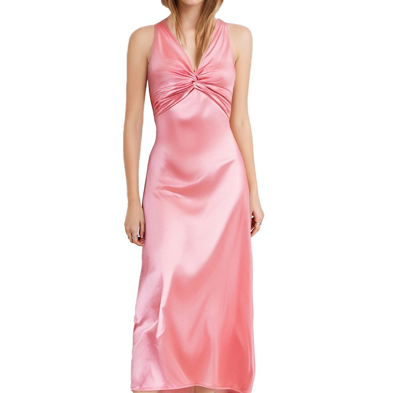 Women's Elegant Sexy Solid Color V-neck Pleated Slim Dress