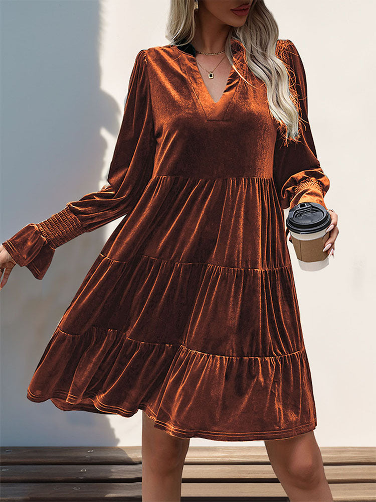 Woemn Long Sleeve Solid Color Velvet Dress