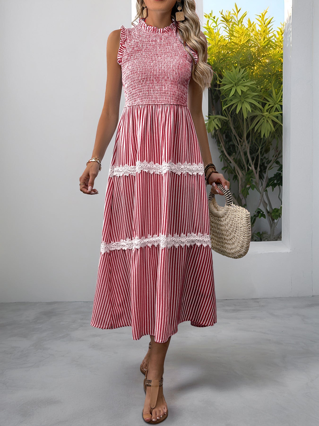 Casual Women's Lace Sleeveless Striped Dress