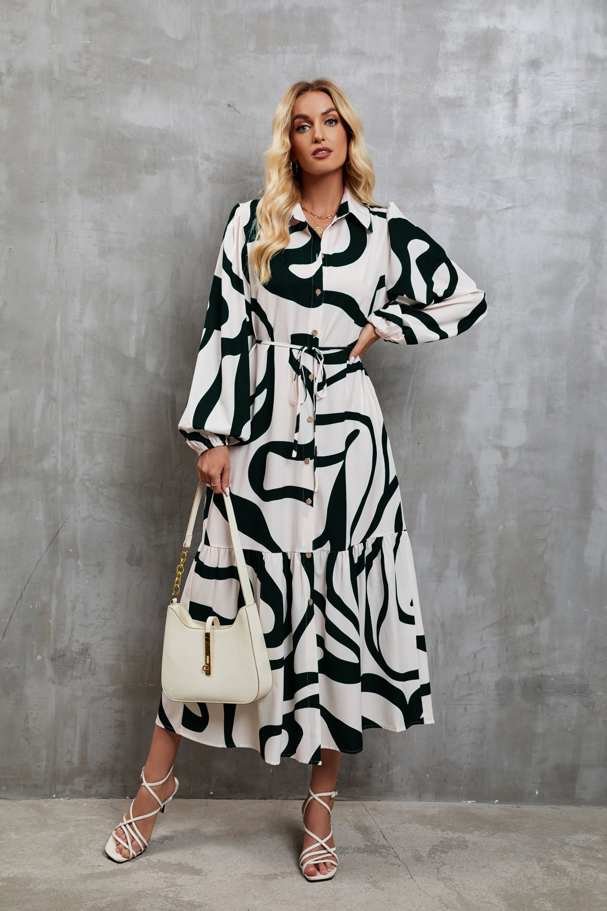 Womens Loose Single-Breasted Long Sleeve Long Dress