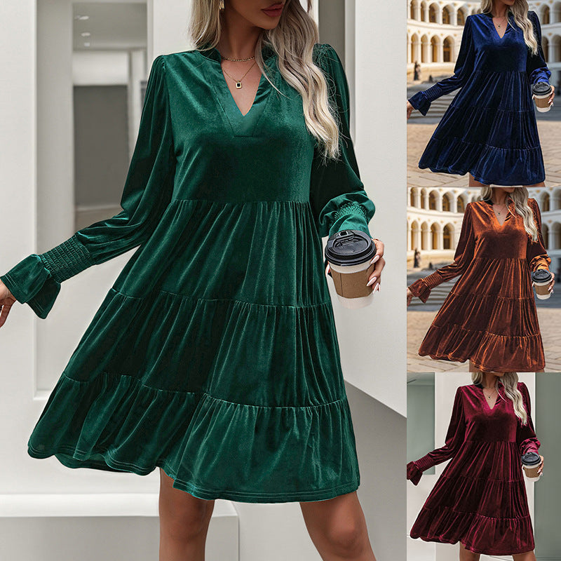 Woemn Long Sleeve Solid Color Velvet Dress