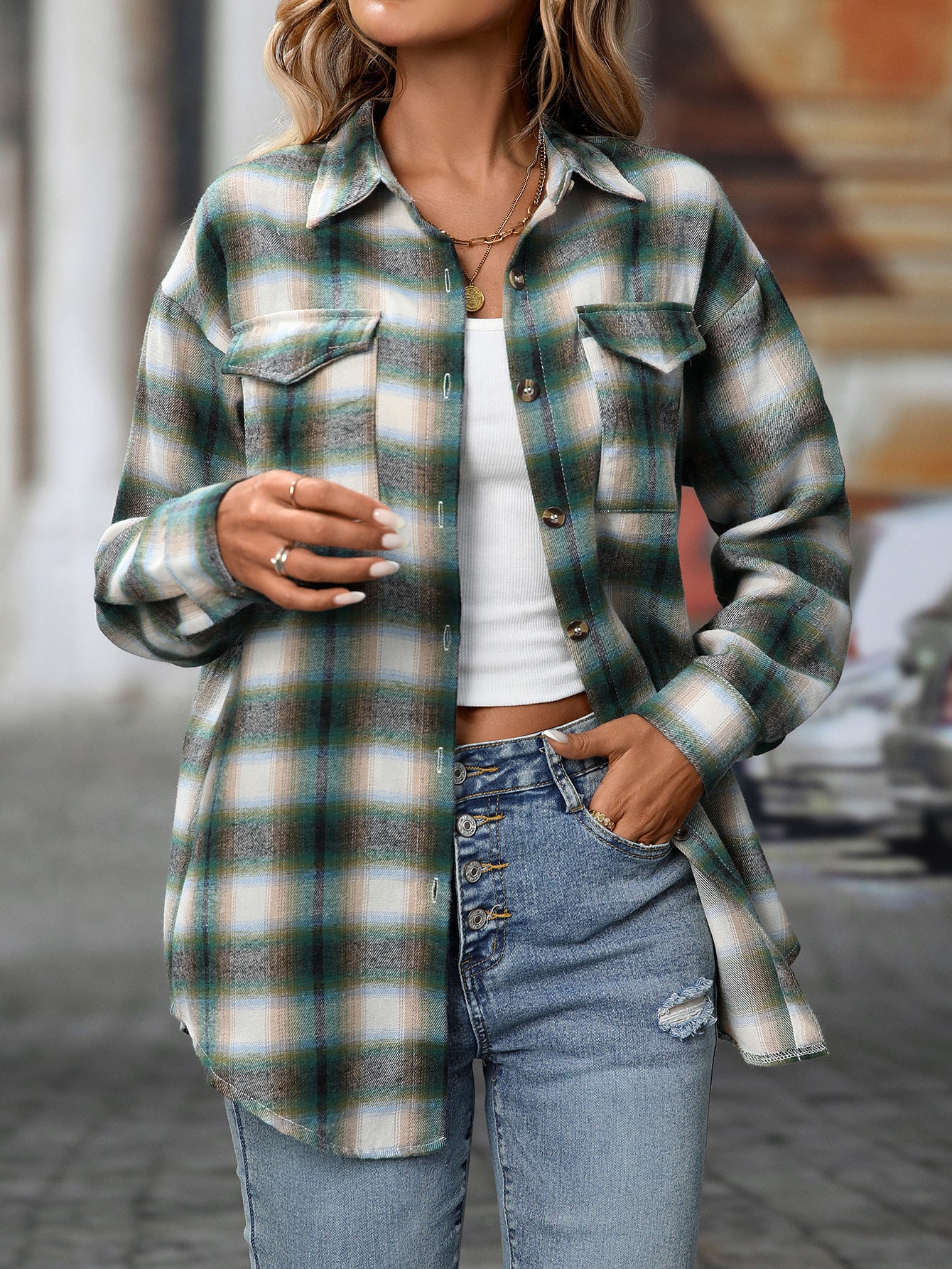 Casual Fashion Loose Plaid Pocket Shirt Women