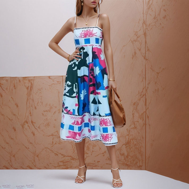 Elegant Printed High Waist Suspender Dress Long Dress