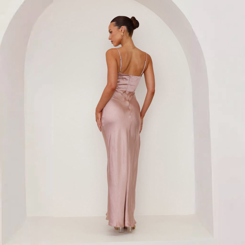 Women Solid Color Sexy Halter Split Medium and Long Sleeveless Dress