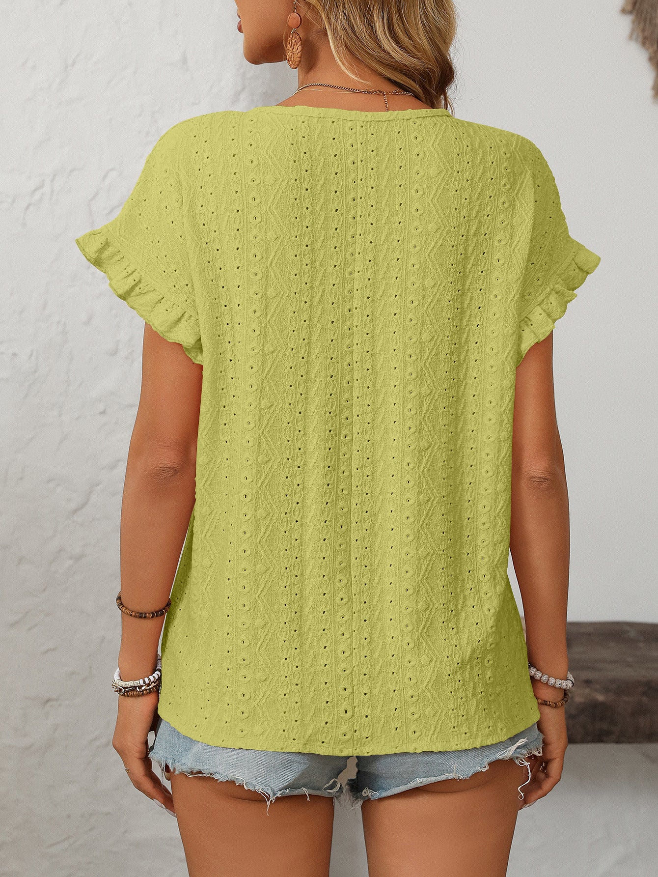 Solid Color Crew Neck Sweet Short-sleeved T-shirt Hollow Top