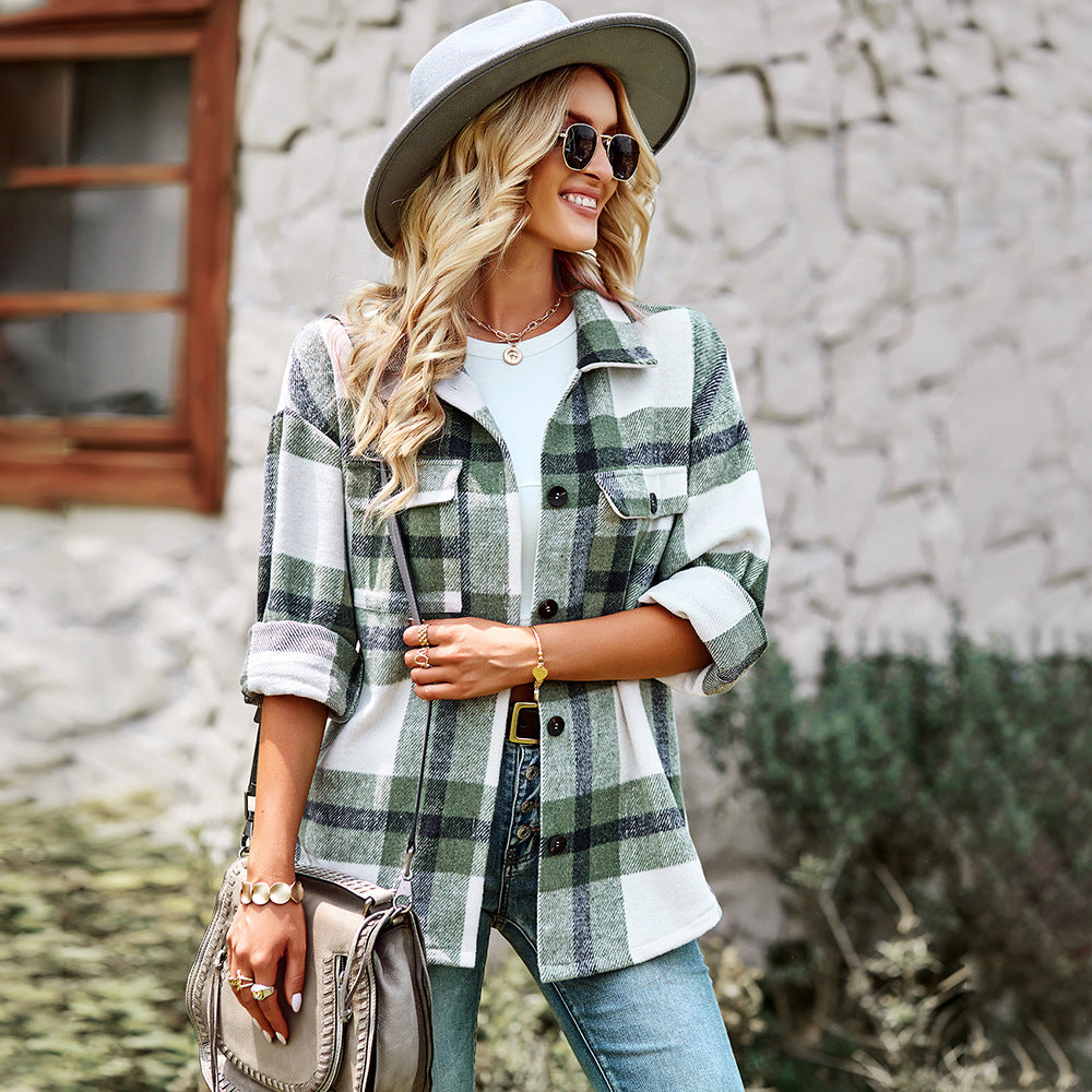 Plaid Jacket Long-sleeved Shirt Casual Top Women