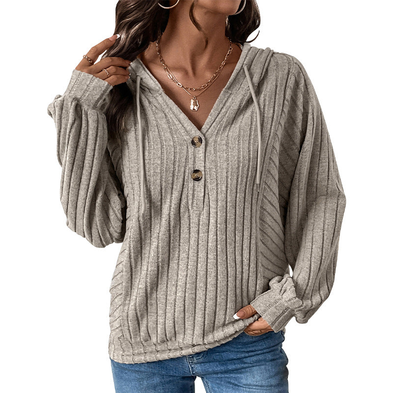 Women Casual Hooded Solid Color Knitted Sweater