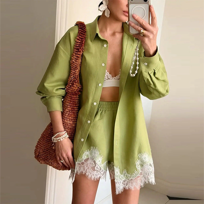 Women Fashion Casual Solid Color Lace Splicing Shorts Set