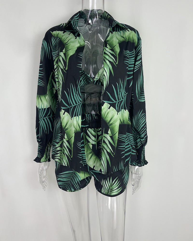 Sexy Beach Vacation Style Printed Shorts Three-piece Set