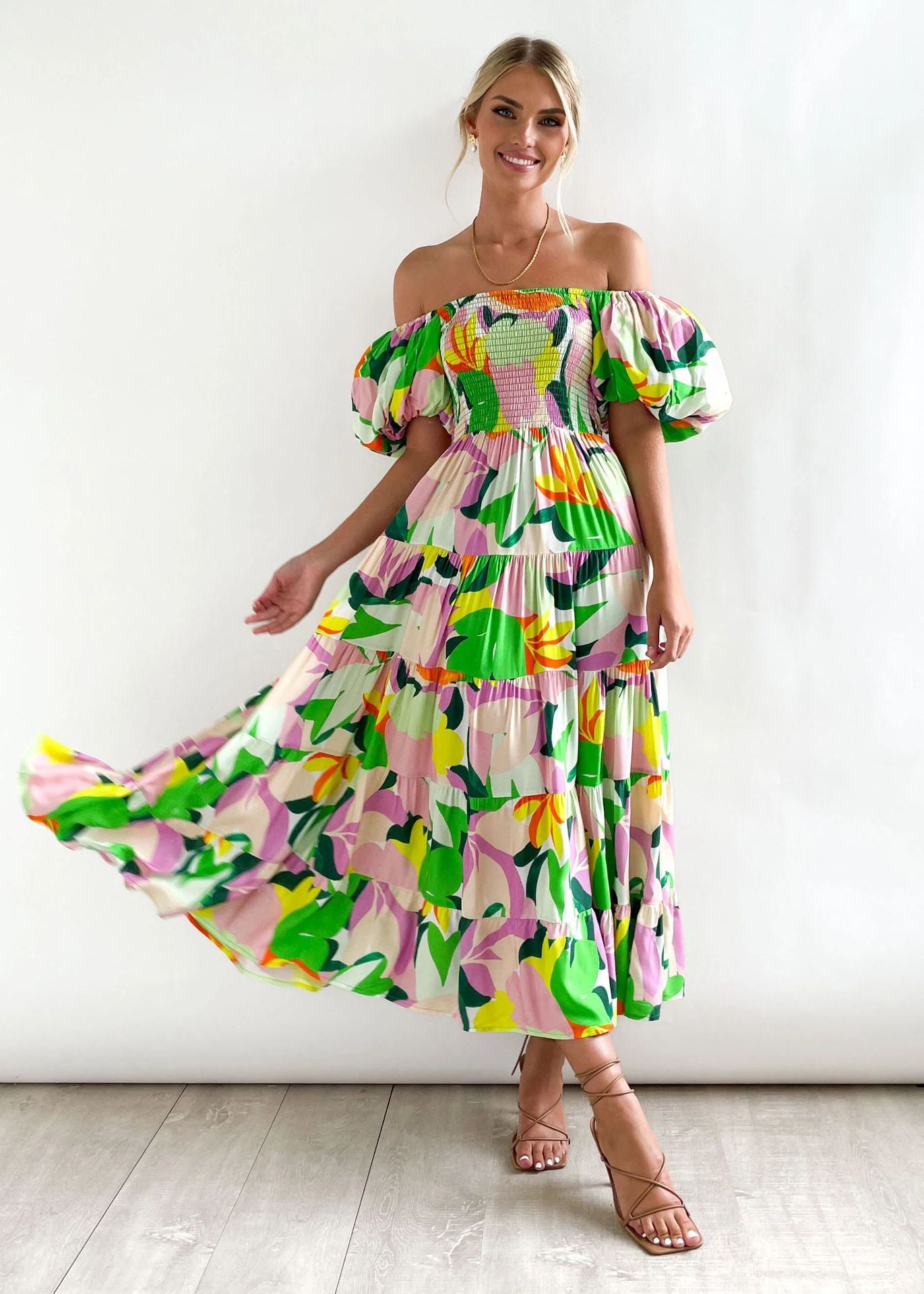 Women Bubble Sleeve Holiday Skinny Long Dress High Waist Shoulder Print Dress