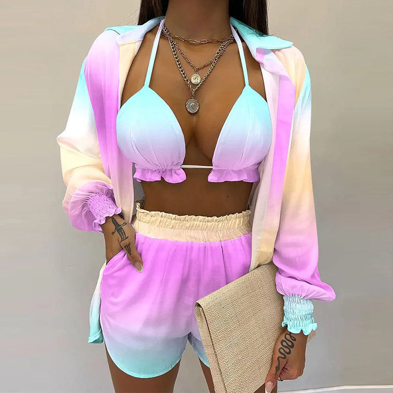 Sexy Beach Vacation Style Printed Shorts Three-piece Set