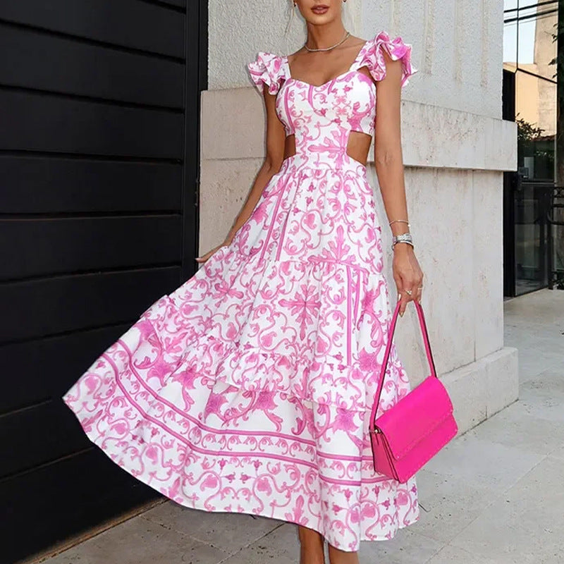 Womens Dress Ruffled Sleeve Print Waist
