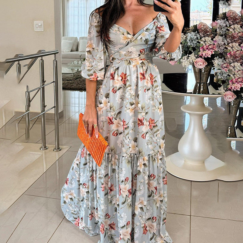 Women V-Neck Printed Lace-Up Dress Long Dress