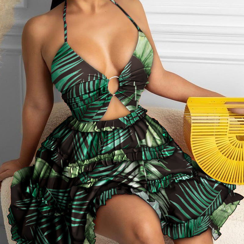 Women Sexy Neck Print Ruffle Edge Dress