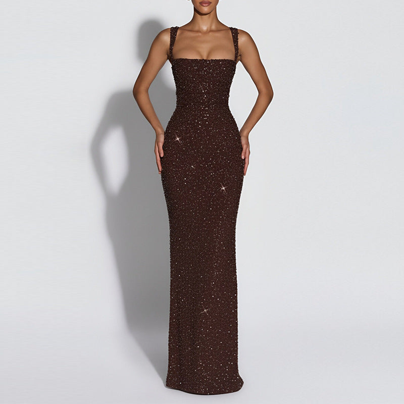 Women Elegant Sexy Square Neck Sequin Slim Fit Dress