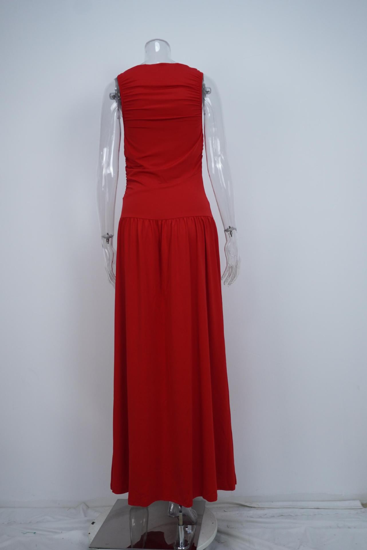 Women Solid Color Pleated Waist Dress Long Dress