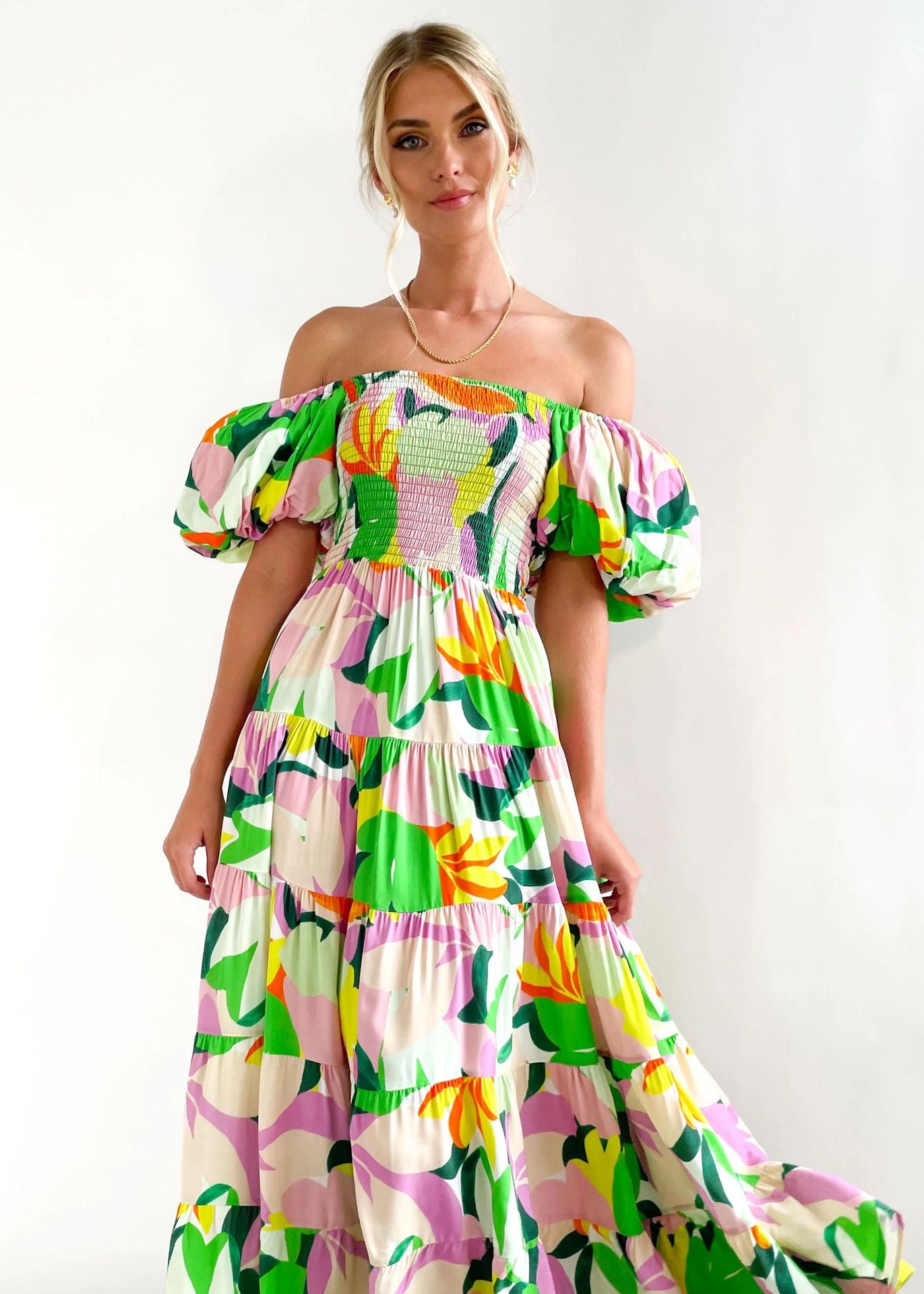Women Bubble Sleeve Holiday Skinny Long Dress High Waist Shoulder Print Dress