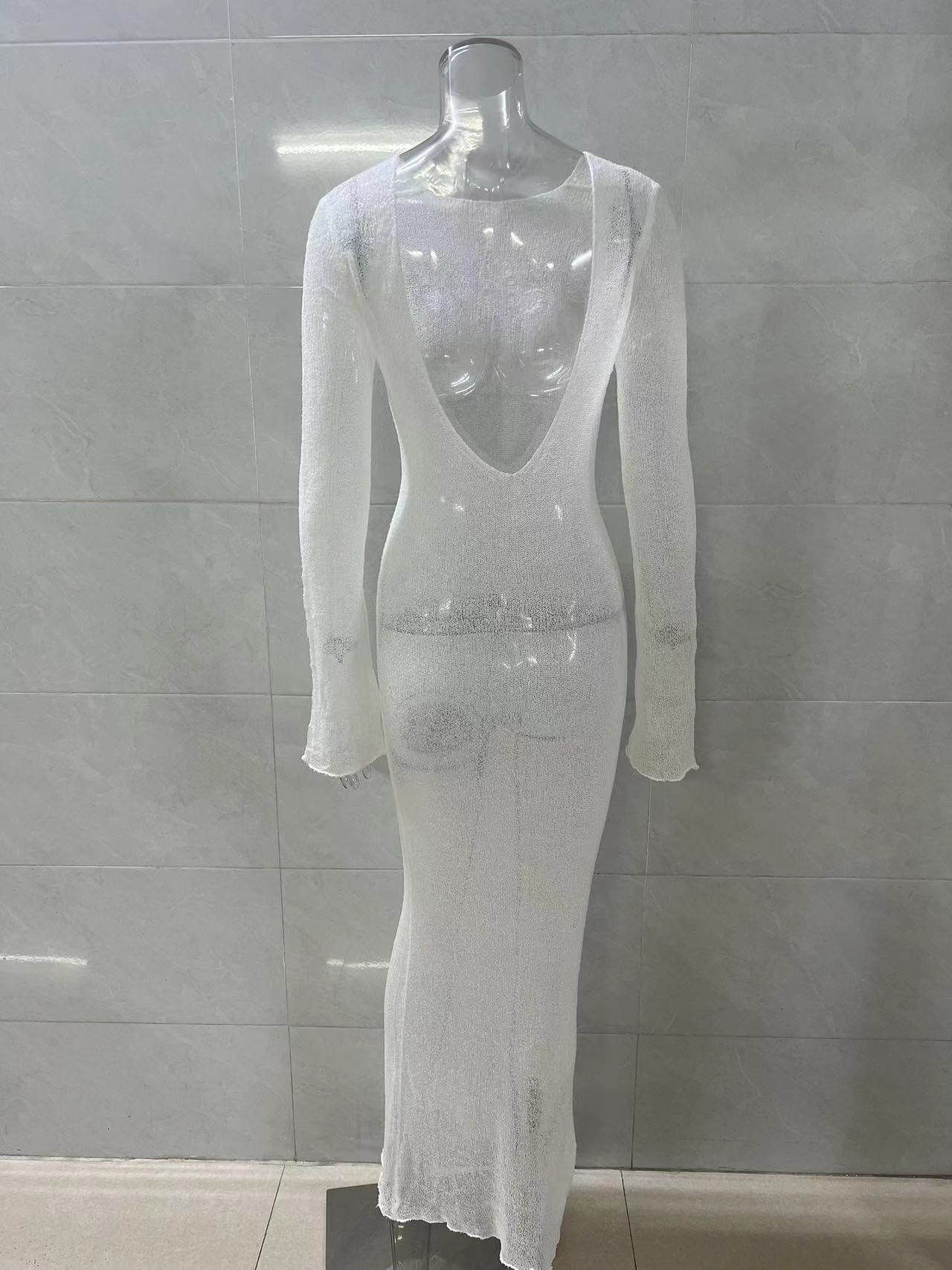 Sexy Backless Solid Color Knitted Dress Cover Up