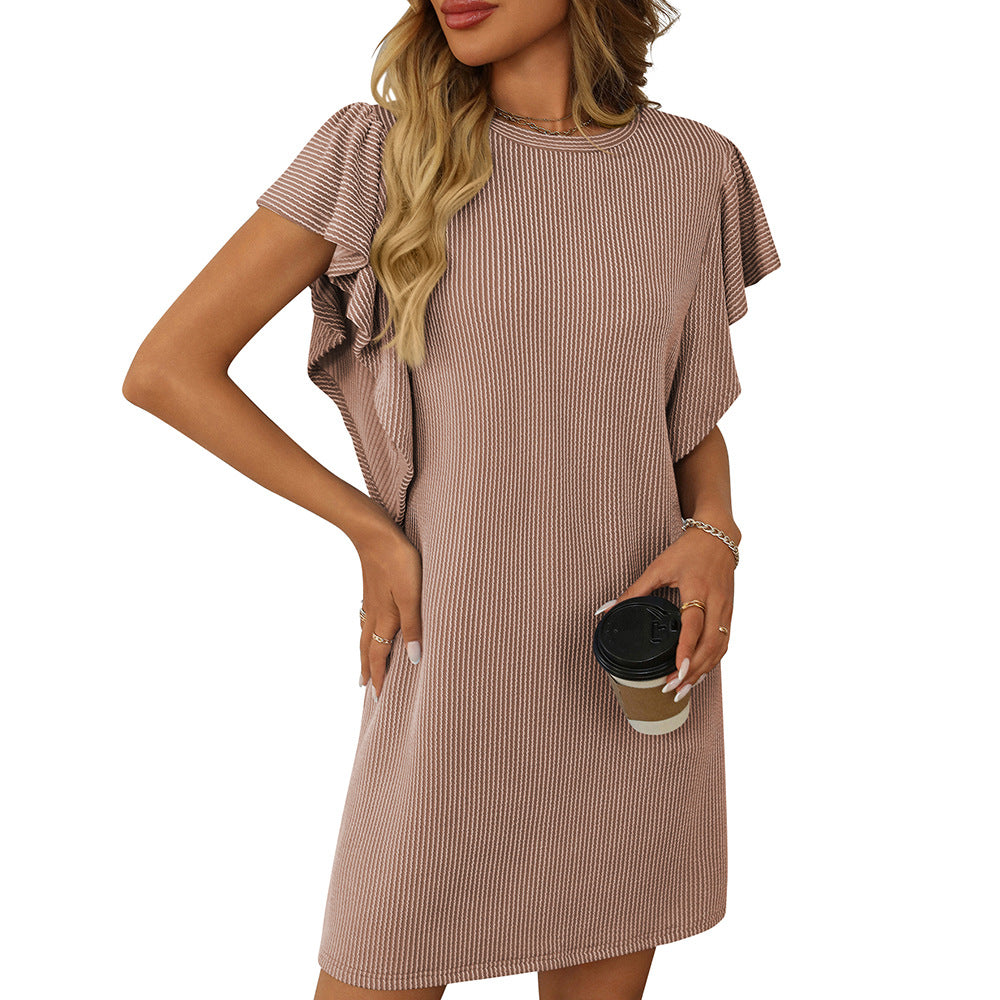 Women's Contrasting Color Twisted Ruffle Sleeve Midi Dress
