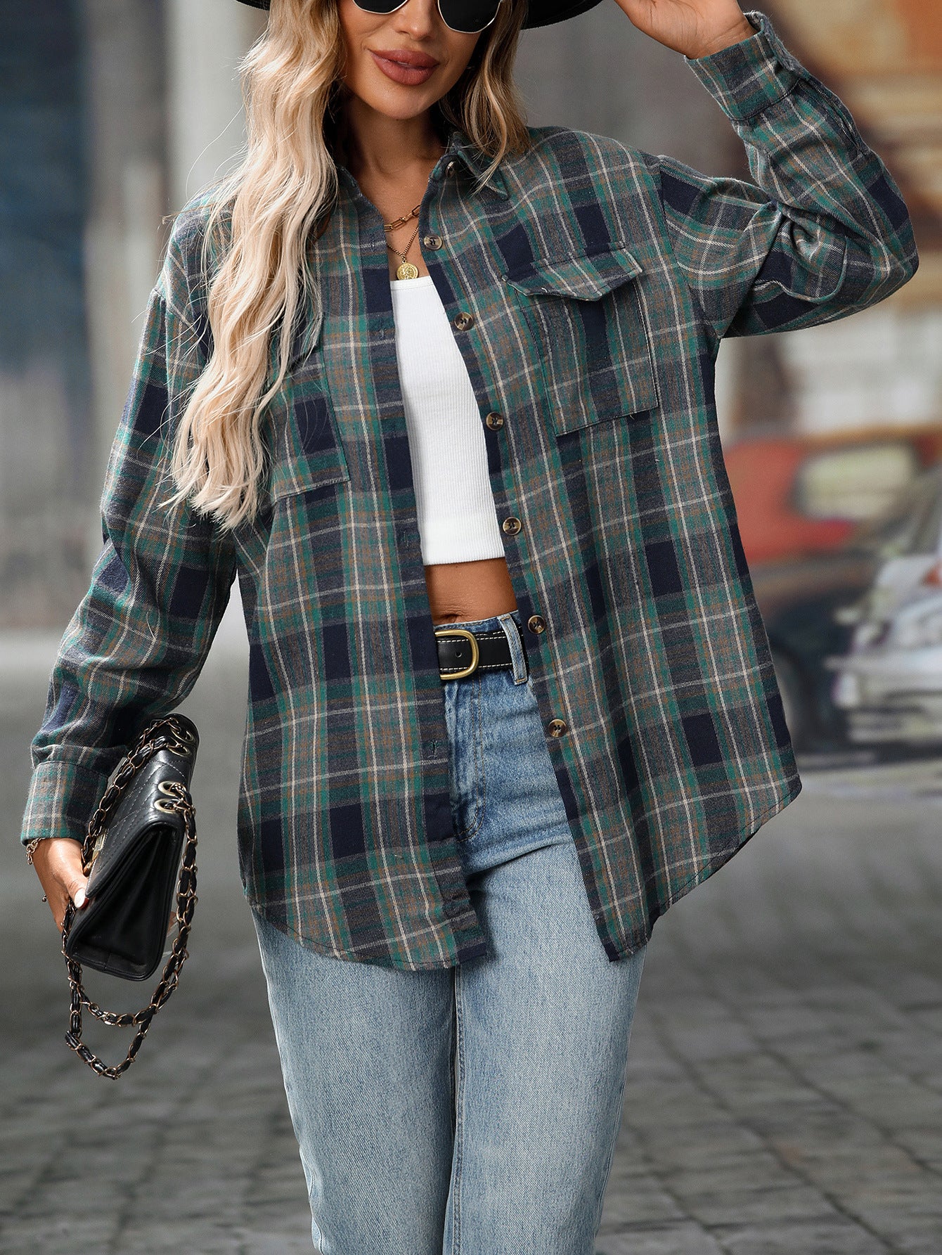 Casual Fashion Loose Plaid Pocket Shirt Women