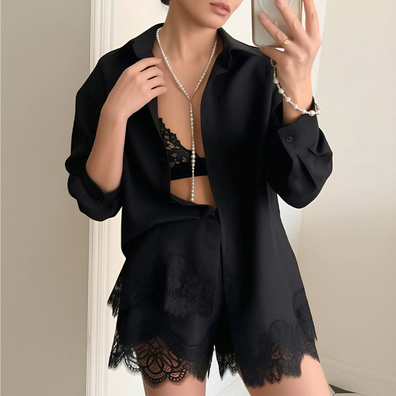 Women Fashion Casual Solid Color Lace Splicing Shorts Set