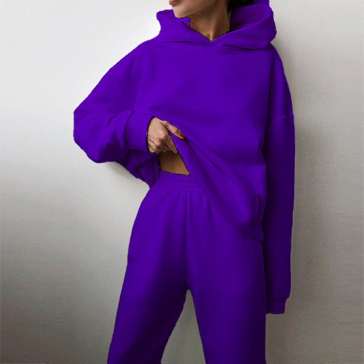 Women Fashion Casual Sports Solid Color Hooded Set