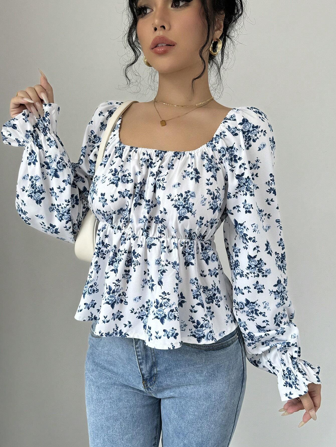 Women Square Collar Bubble Floral Long Sleeve Blouse