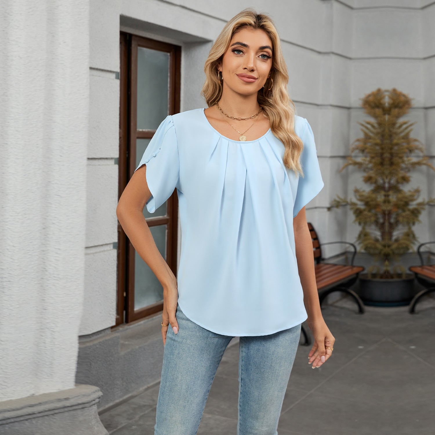 Women Crew Neck Short Sleeve Pleated Loose Chiffon Top