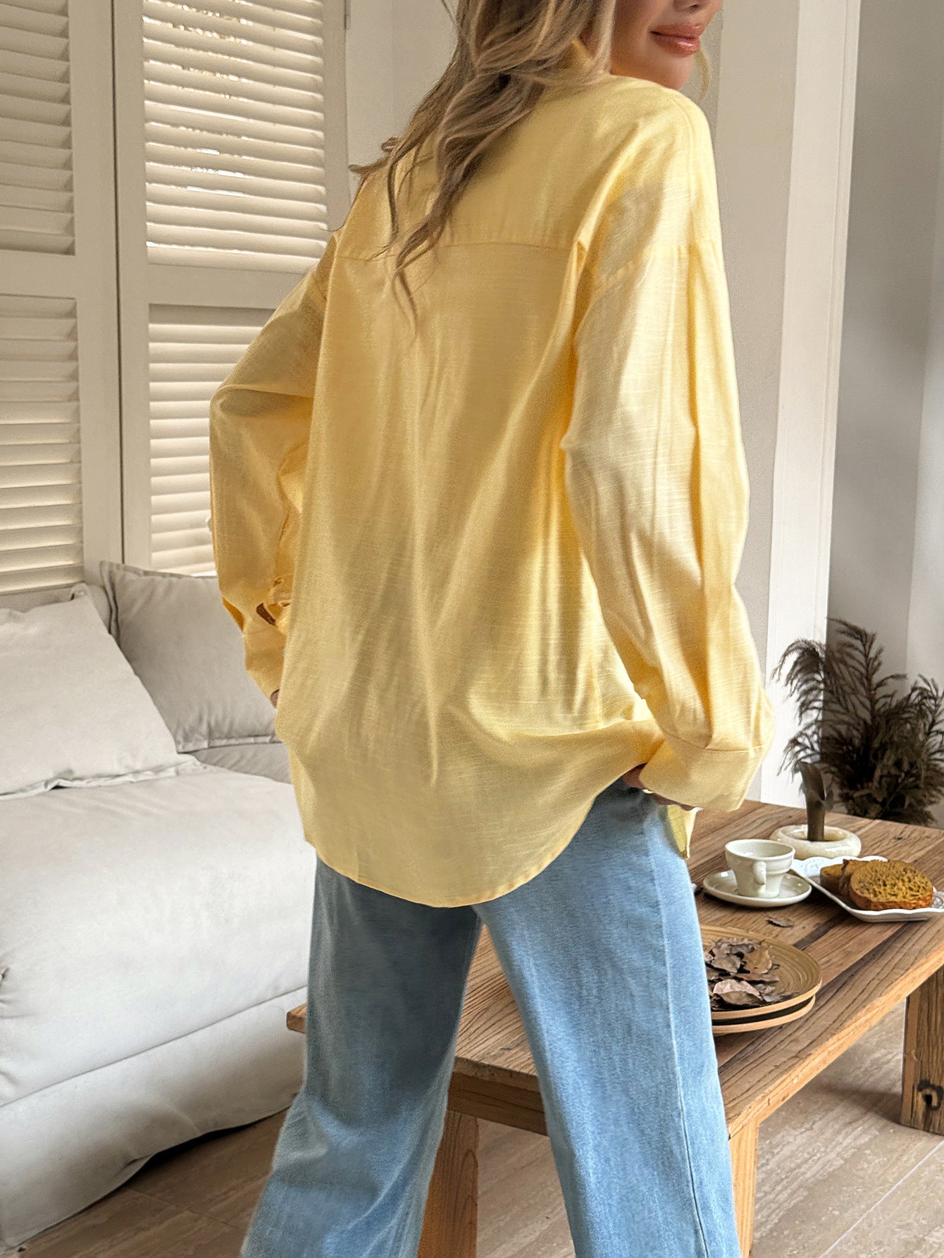 Women's Solid Button V-Neck Long Sleeve Women's Long Sleeve Blouse