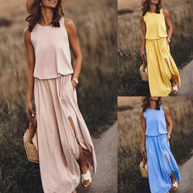 Solid Color Round Neck Sleeveless Lantern Split Dress