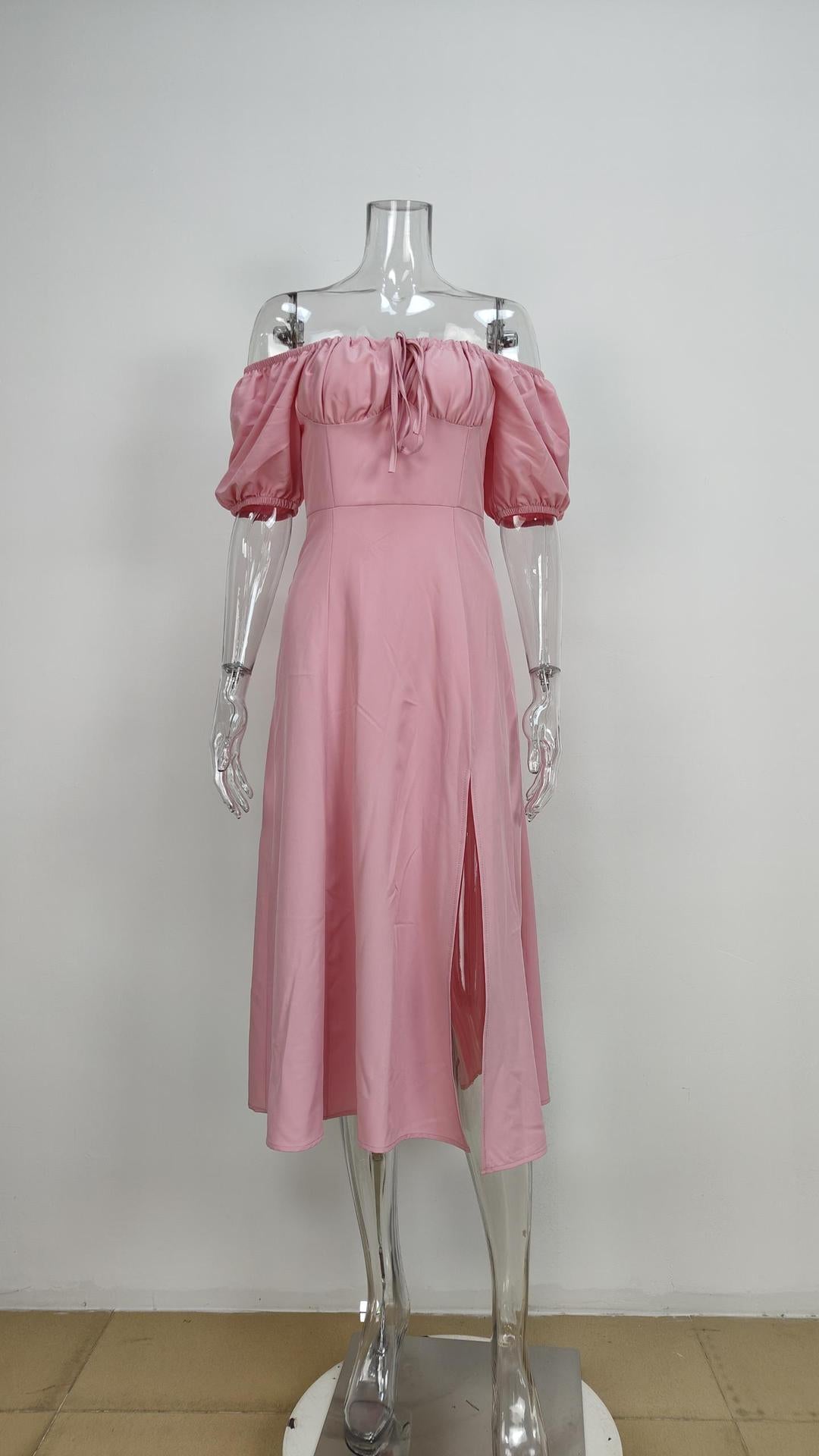 Women Solid Color Bubble Sleeve Strap Dress