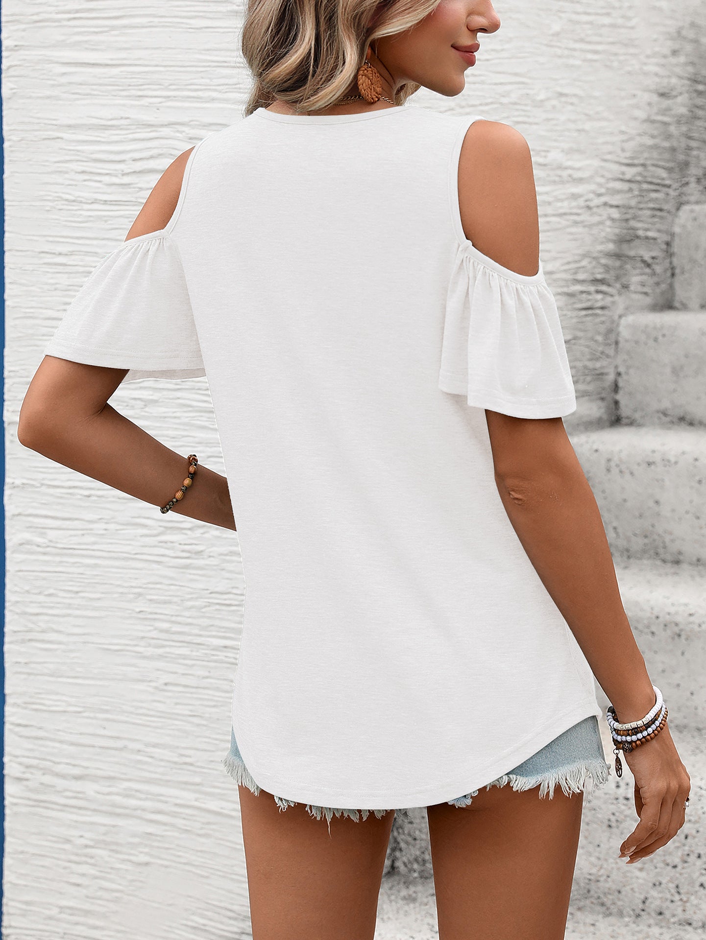 Women Solid Color V-Neck Off-Shoulder Short Sleeve T-Shirt Top
