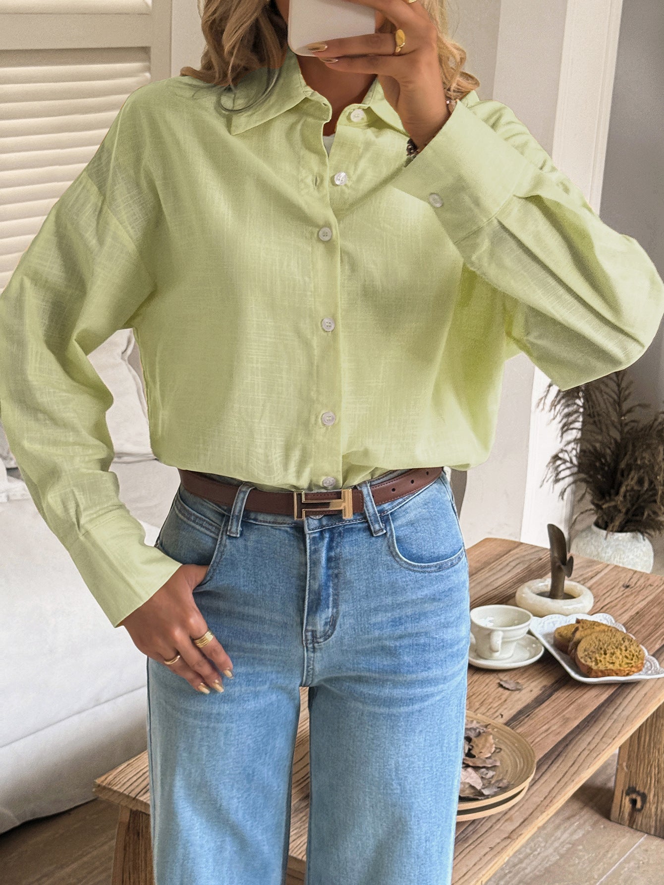 Women's Solid Button V-Neck Long Sleeve Women's Long Sleeve Blouse