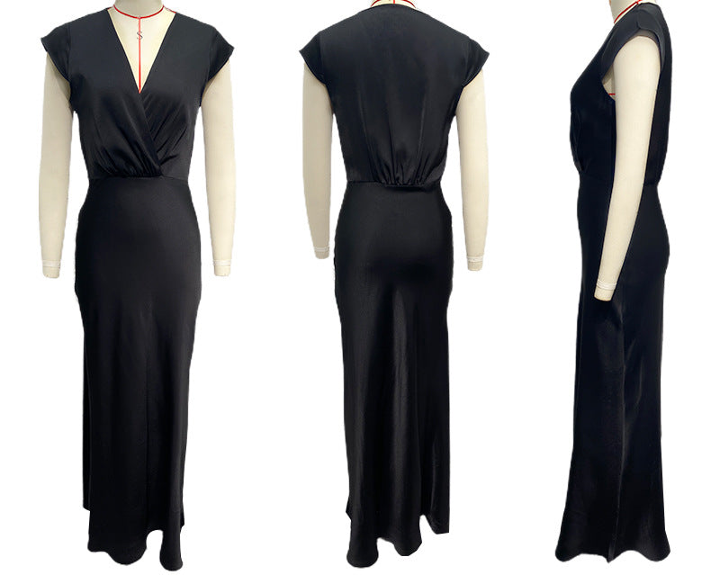Women Satin Solid Color V-Neck Sexy Fishtail Dress Party Dress Long Dress