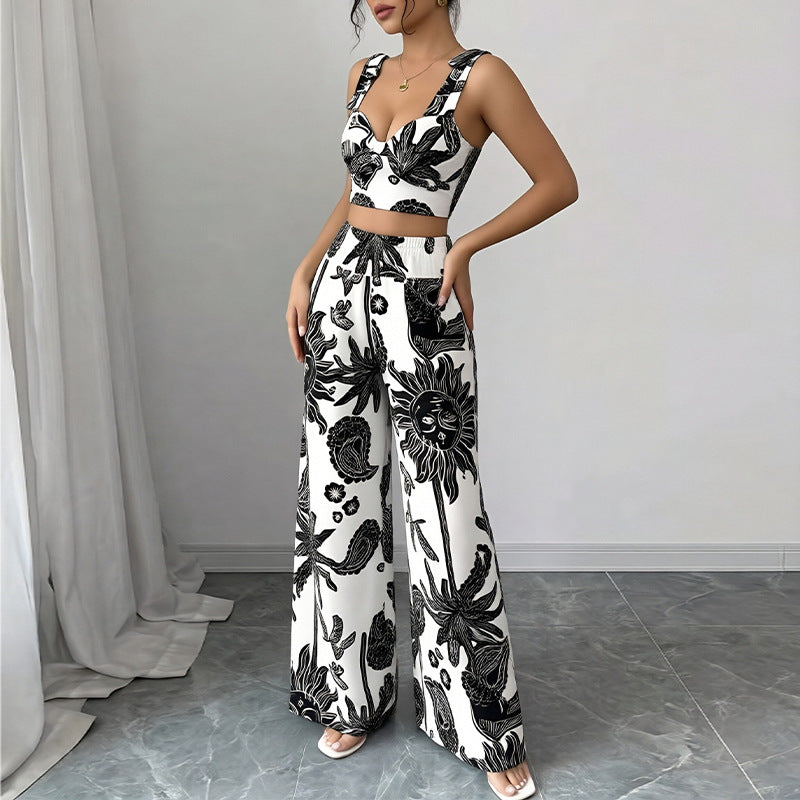 Womens Casual Vacation Plant Printed Tank Top Wide Leg Pants Set