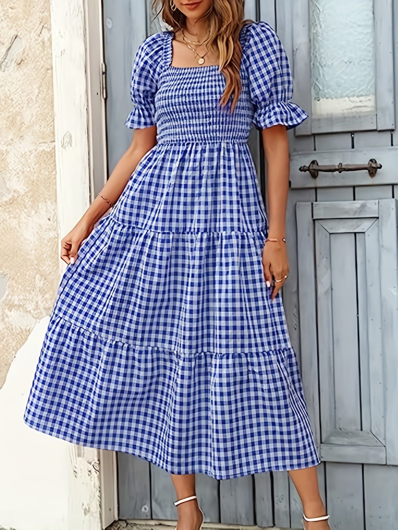 Ladies Plaid Bubble Sleeve Dress