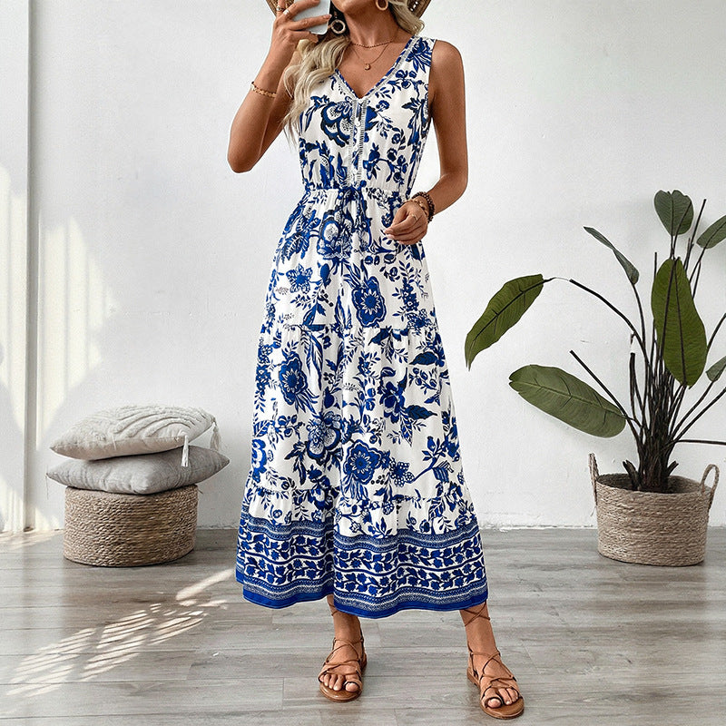 Long Dress V-neck Sleeveless Print Dress