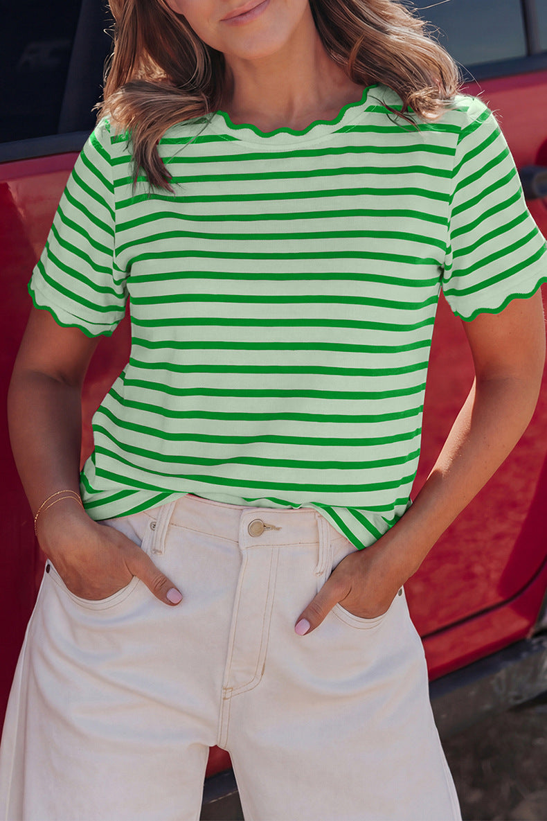 Womens Short Sleeve Top Ruffle Striped T-Shirt