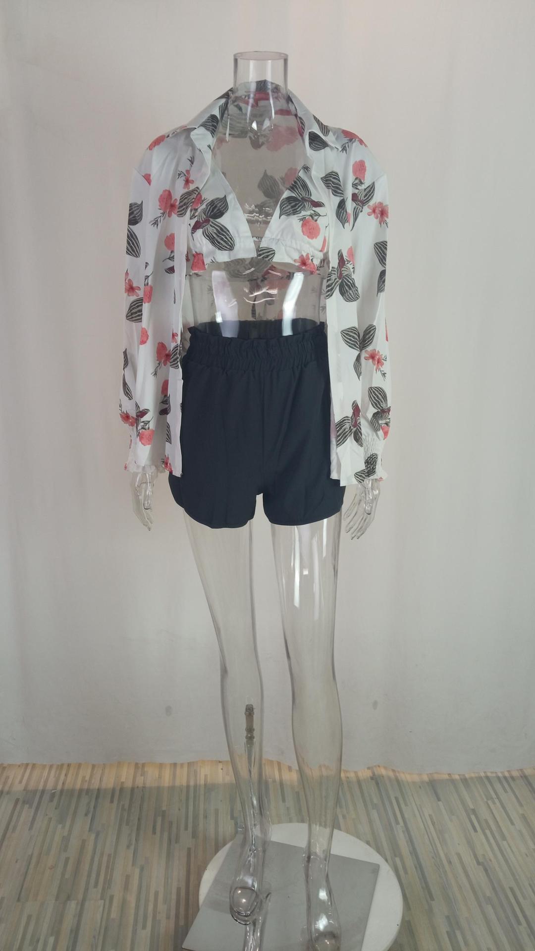 Women Sexy Beach Resort Style Print Shorts Three-piece Set