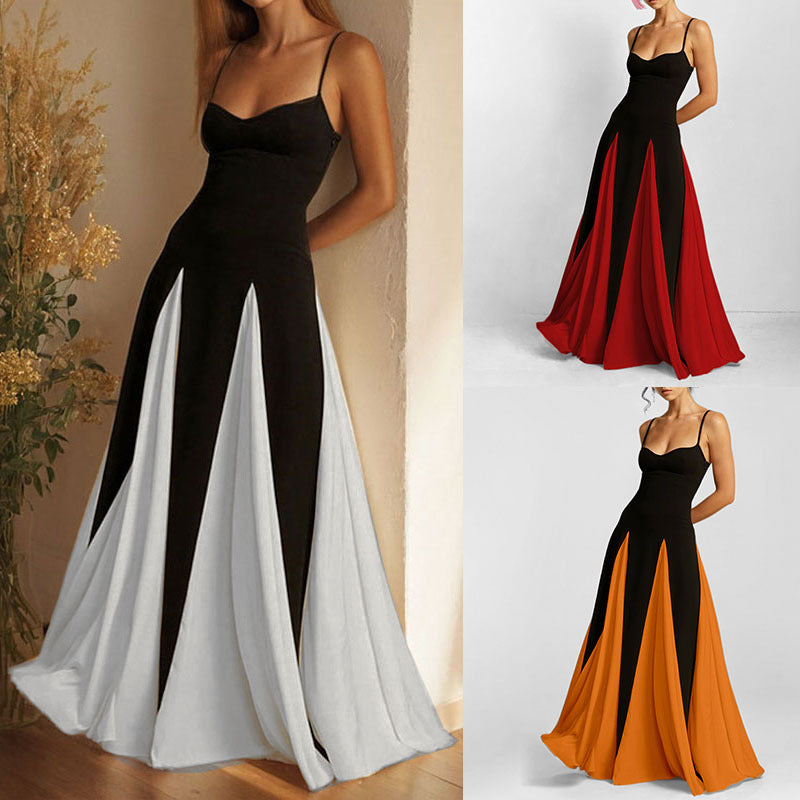 Women's Casual Contrasting Color Splicing Shoulder Strap Dress