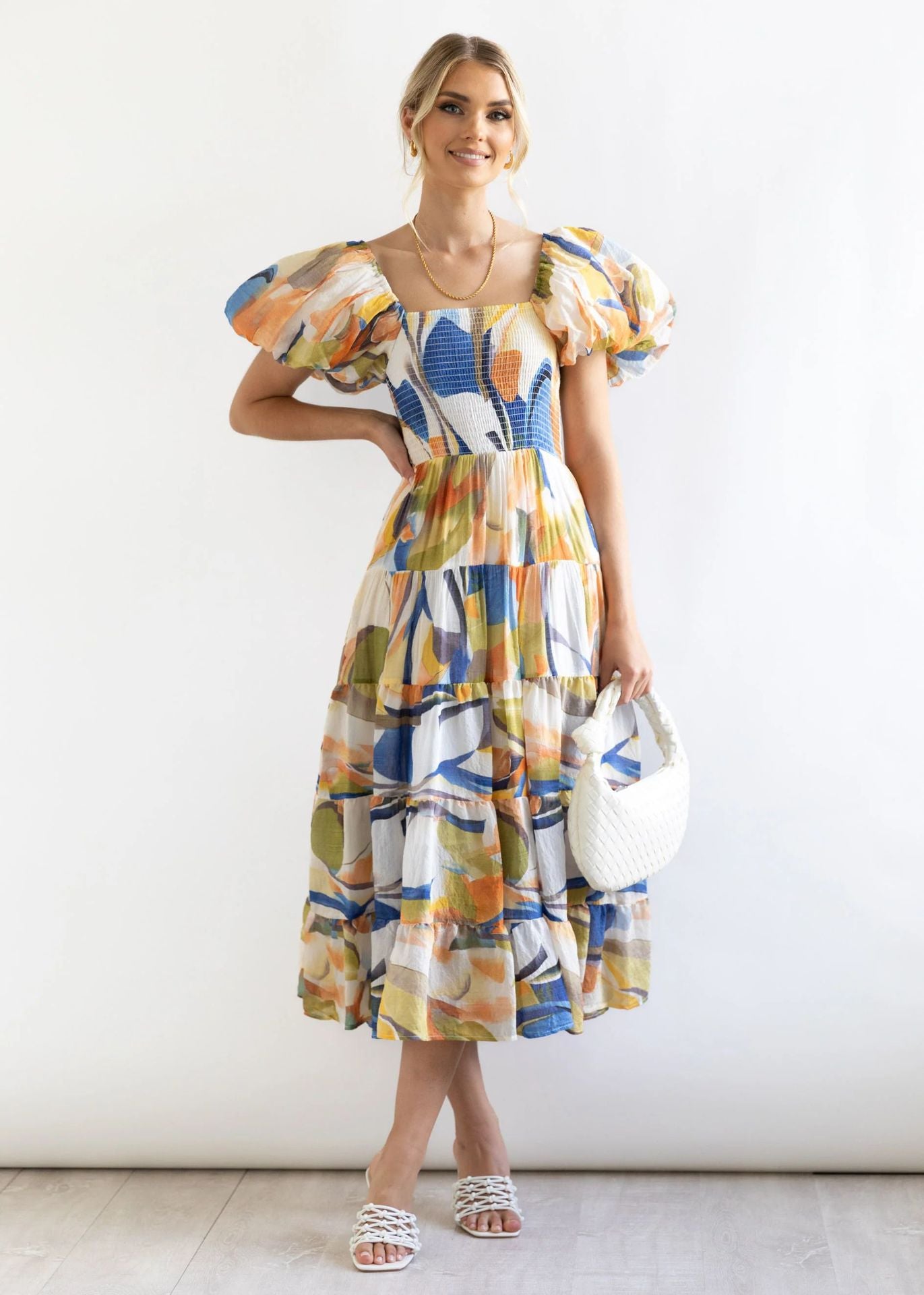 Women Bubble Sleeve Holiday Skinny Long Dress High Waist Shoulder Print Dress