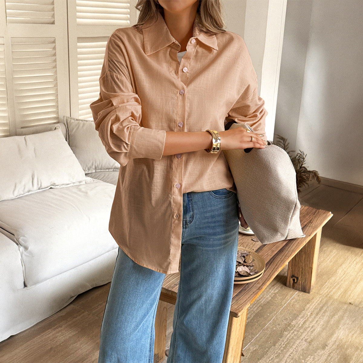 Women's Solid Button V-Neck Long Sleeve Women's Long Sleeve Blouse