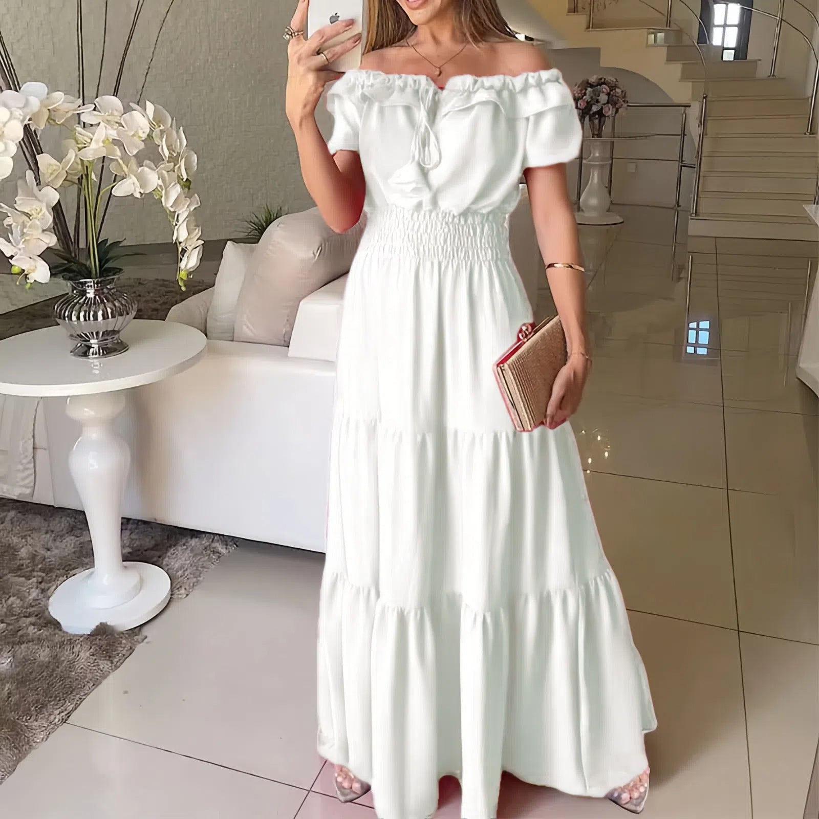Solid Color Strappy Tube Top Bubble Sleeve Swing Dress