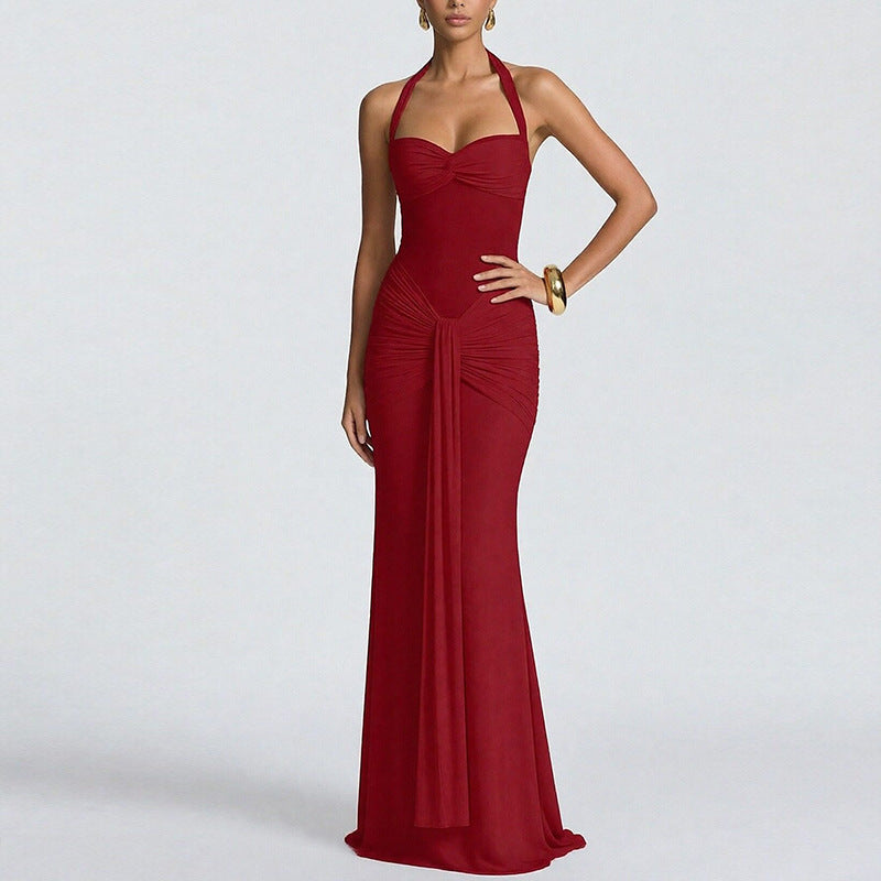 Women's Elegant Neck Solid Color Lace-up Slim Dress