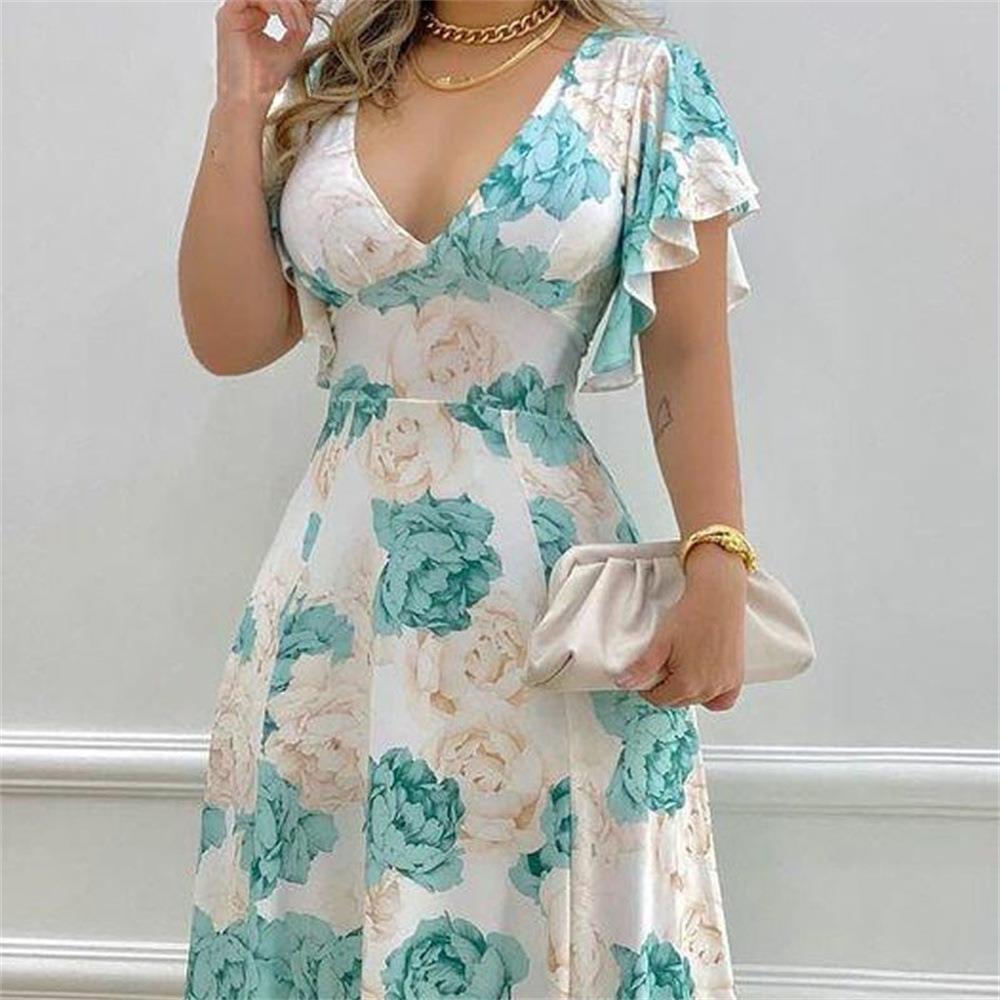 Women's Elegant V-neck Slim-fitting Flower Print Dress